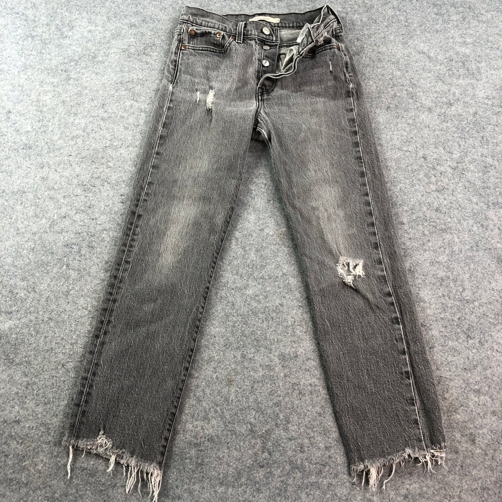 Levi's Womens Wedgie Straight Jeans 24 Distressed High Rise Gray Wash Cropped